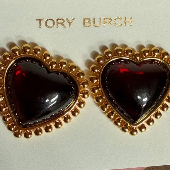 Tory Burch Gold and dark Burgundy logo  Heart Earrings - Picture 9 of 9